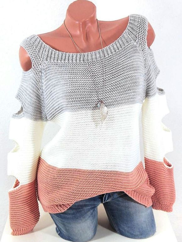 Colorblock Cutout Raglan Sleeve Jumper Sweater - LIGHT GRAY S