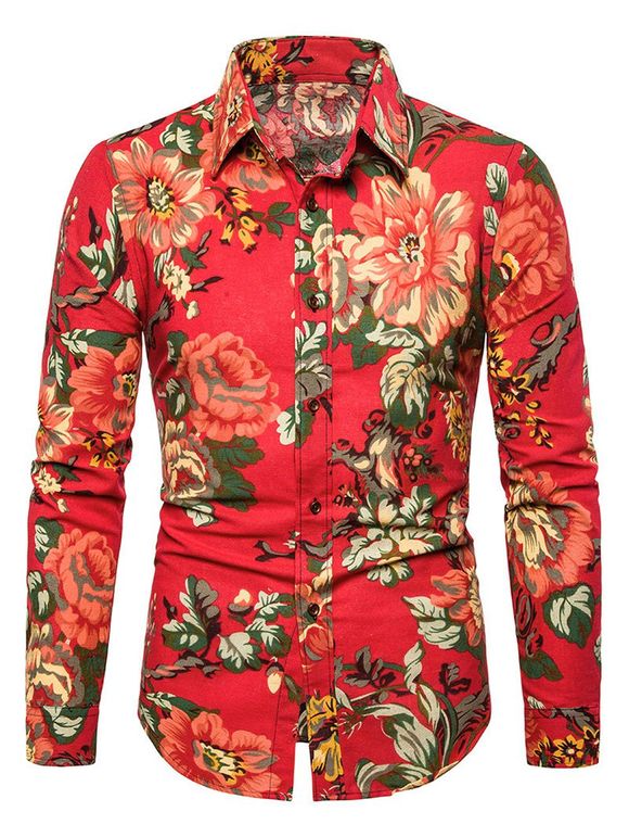 Casual Peony Flower Print Button Up Shirt - RUBY RED XL