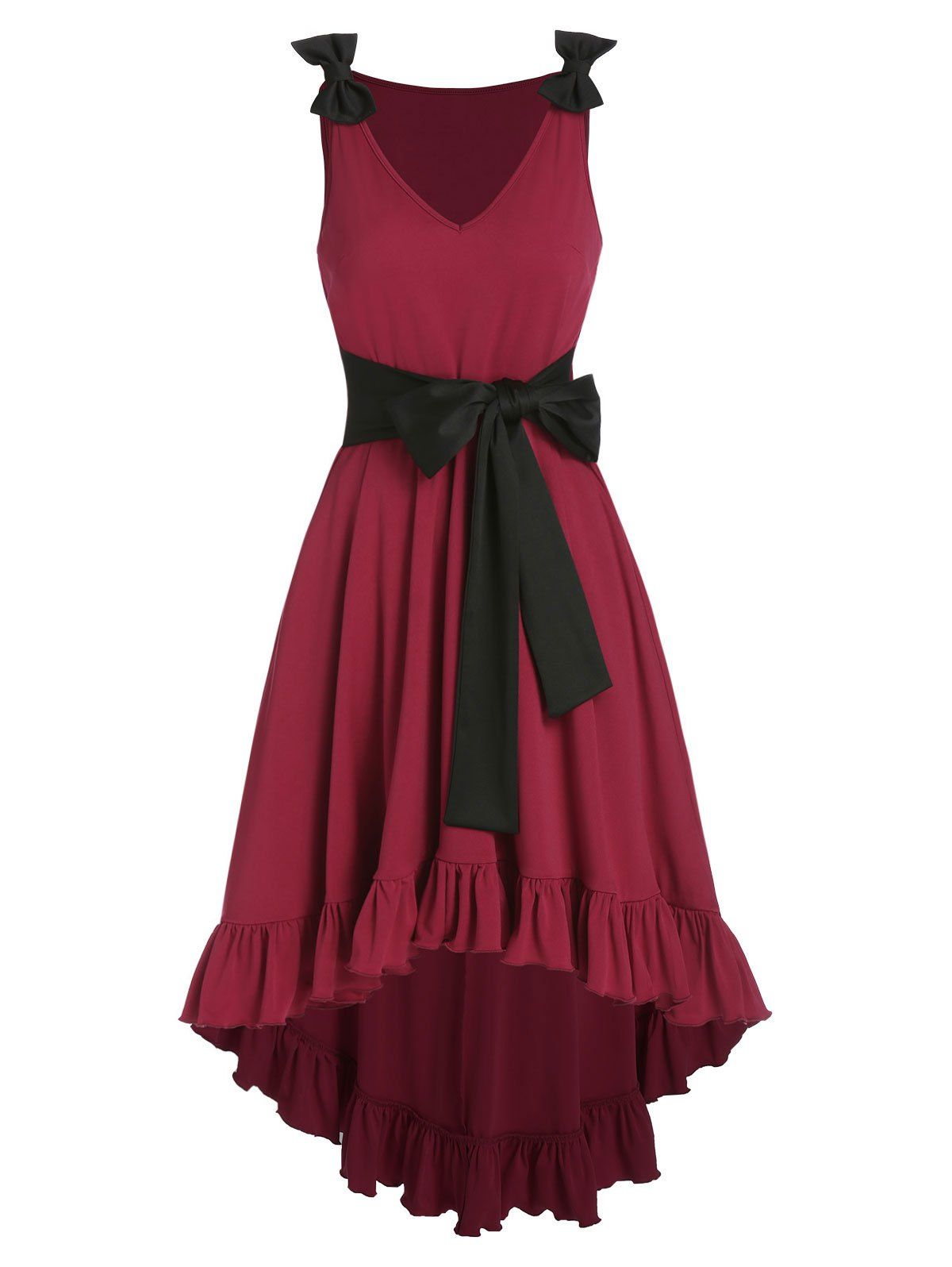 Ruffles Bowknot  Bicolor High Low Dress - RED WINE 3XL