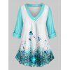Plus Size Roll Up Sleeve Butterfly Print Top - LIGHT GREEN L