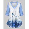 Plus Size Roll Up Sleeve Butterfly Print Top - LIGHT BLUE 4X