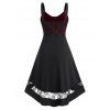 Corset Style High Low Gothic Midi Dress Flower Lace Panel Hook and Eye Cami Party Dress - BLACK L
