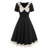Bowknot Polka Dot V Neck Vintage Dress - BLACK S