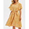 Tiny Floral Print Cut Out Belted Dress - BRIGHT YELLOW 2XL