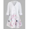 Plus Size Roll Up Sleeve Butterfly Print High Low Shirt - WHITE L