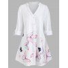 Chemise Haute Basse Papillon Imprimée à Manches Roulées de Grande Taille - Blanc 1X