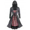 Robe à Capuche Plissée Métallisée à Carreaux Grande Taille à Manches Longues - Gris Carbone 4X