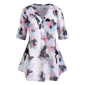 

Abstract Butterfly Print Button Front Tab Sleeve Plus Size Top, White