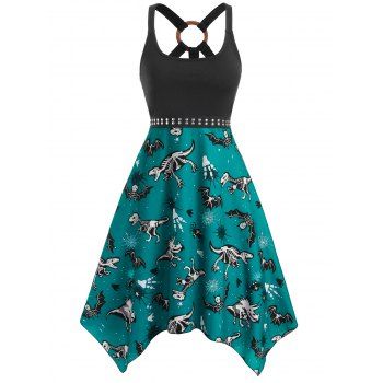 

O Ring Dinosaur Bat Skeleton Print Handkerchief Dress, Macaw blue green