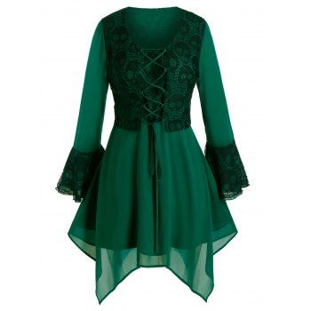 

Plus Size Lace Skull Hanky Hem Chiffon Lace-up Top, Deep green