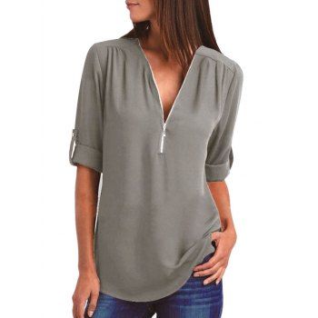 

Cuffed Sleeve Curved Hem Half Zip T-shirt, Ash gray