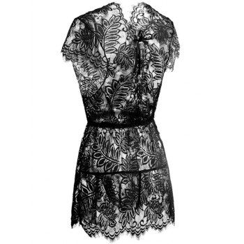 

Plus Size Tie Lace Chemise Set, Black