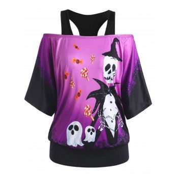 

Skull Ghost Candy Print Open Shoulder Halloween Plus Size Top, Purple