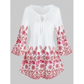 

Plus Size Keyhole Tie Flower Patterned Tee, White