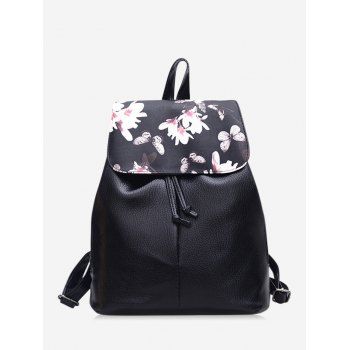 

Floral Butterfly Print Drawstring Leather Backpack, Black