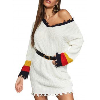 

Frayed Trim Color Blocking Tunic Sweater Dress, White