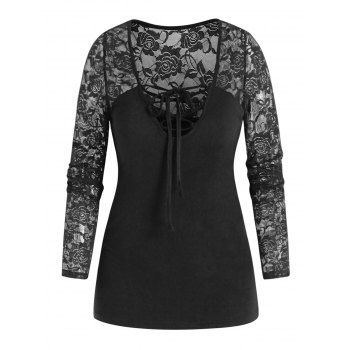 

Long Sleeve Lace-up Flower Lace Insert T-shirt, Black