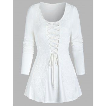 

Lace-up Front Flower Lace Panel T-shirt, White