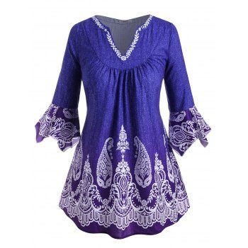 

Paisley Printed V-notched Flare Sleeve Plus Size Blouse, Blue