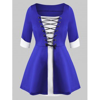 

Lace Up Cuffed Sleeve Contrast Plus Size Top, Blue