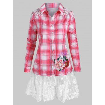 

Plus Size Plaid Flower Pattern Lace Panel Blouse, Light pink