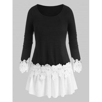 

Plus Size Contrast Trim Lace Insert T Shirt, Black