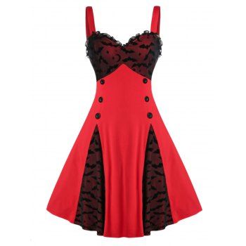

Plus Size Retro Colorblock Bat Pattern Button Dress, Black
