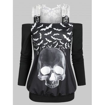

Skull Bat Print Lace Panel Two Piece T Shirt, Black