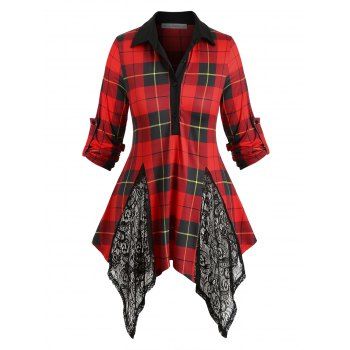 

Plaid Lace Panel Button Front Plus Size Top, Red