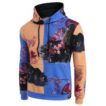 

Floral Koi Fish Print Contrast Hoodie, Cobalt blue