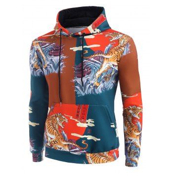 

Sea Waves Tiger Graphic Print China Style Hoodie, Red