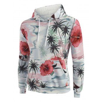 

Palm Tree Flower Print Front Pocket Hoodie, Baby blue