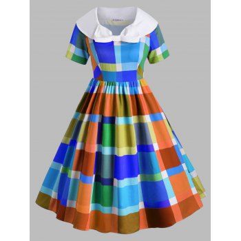 

Bowknot Collar Colorful Plaid Plus Size Vintage Dress, Blue