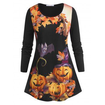 

Plus Size Halloween Funny Pumpkin Print Long Sleeve Tee, Black