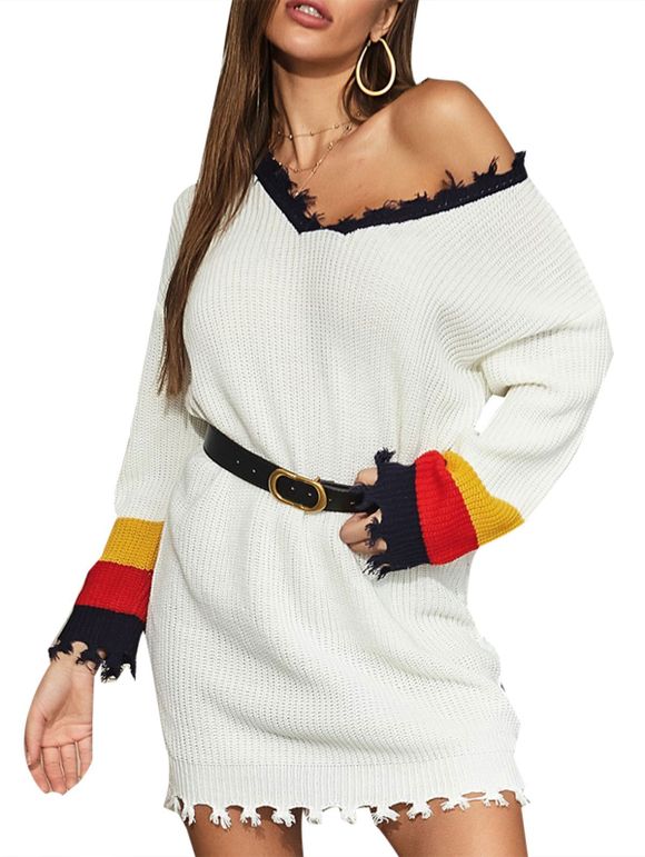 Frayed Trim Color Blocking Tunic Sweater Dress - WHITE M