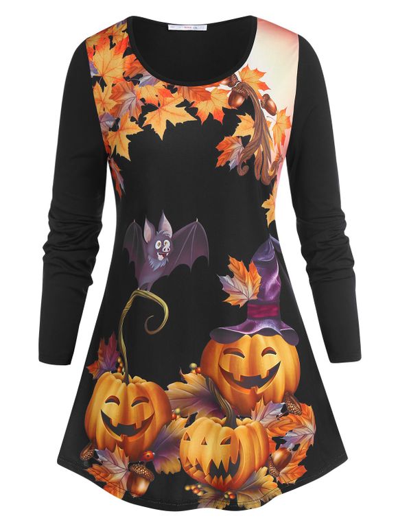 T-shirt Imprimé Citrouille Drôle Halloween à Manches Longues Grande Taille - Noir 5X