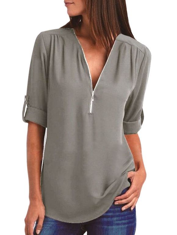 T-shirt Demi-zip Ourlet Courbe à Manches Roulées - Cendre gris S