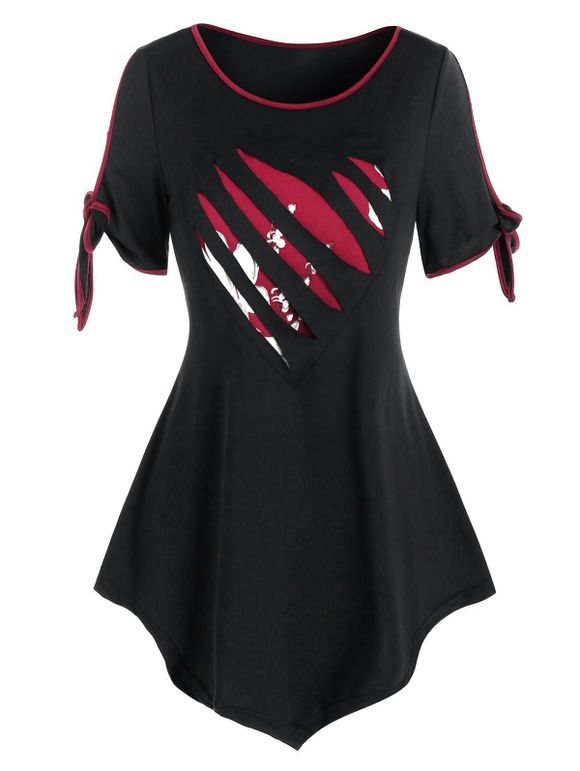 T-shirt Déchiré Motif de Cœur avec Nœud Papillon Saint-Valentin - Noir 3XL