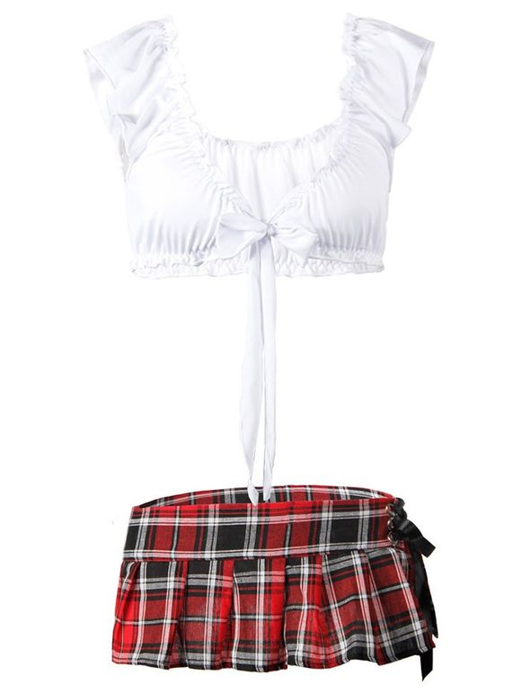Costume d'Ecole à Carreaux avec Lacets Grande-Taille - Blanc 1XL