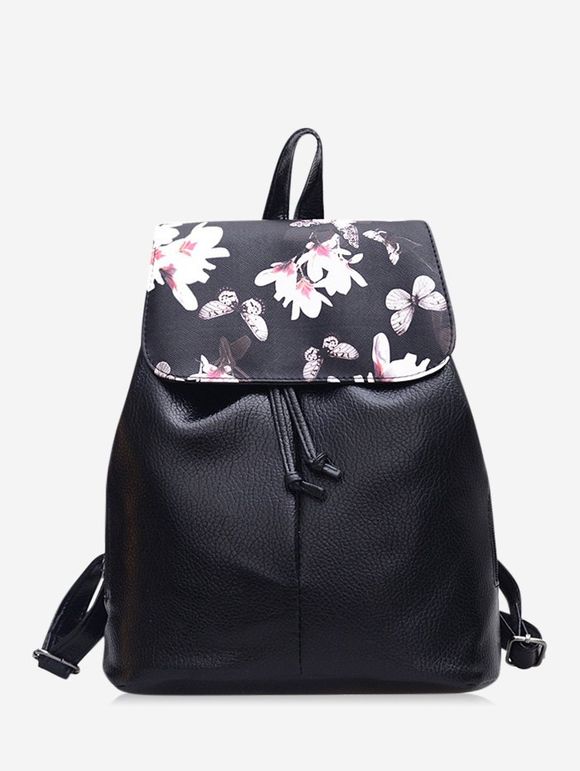 Sac à Dos Papillon Imprimé Fleuri en Cuir à Cordon - Noir 