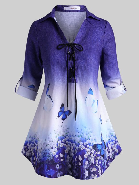 Haut Floral à Manches Papillon à Lacets Grande Taille - Bleu 1X