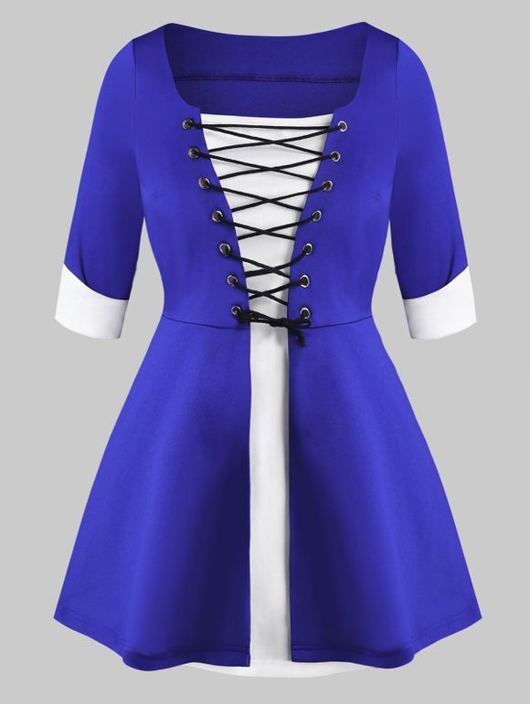 Haut Contrasté Manches à Revers de Grande Taille à Lacets - Bleu 3X