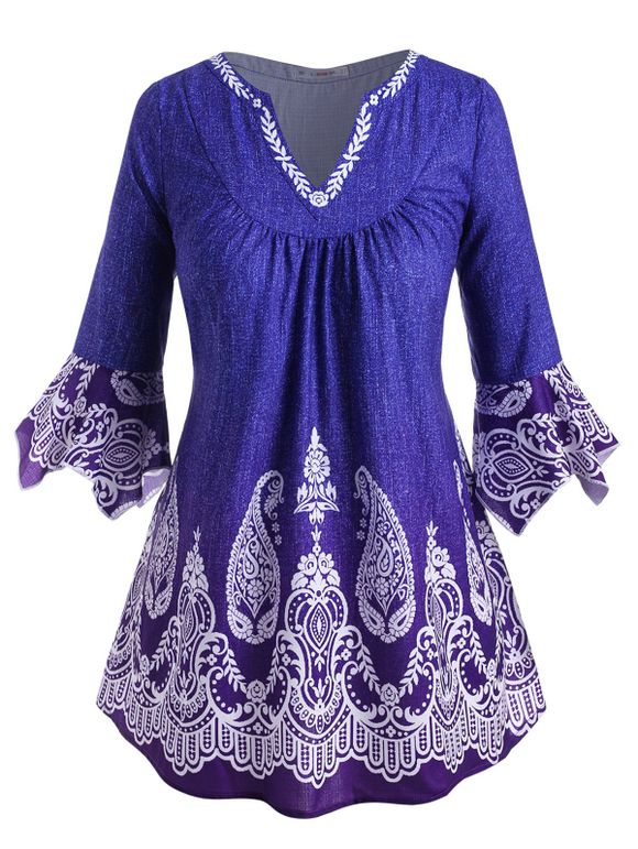 Blouse à Imprimé Cachemire Manches Évasées à Col V Grande Taille - Bleu L