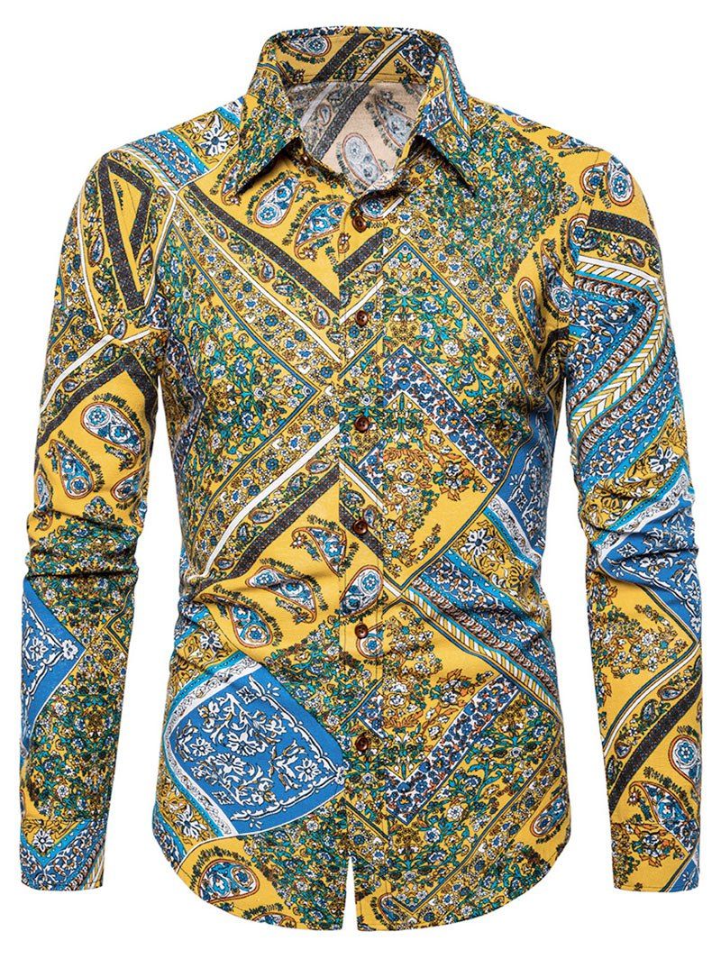 Floral Paisley Print Turn-down Collar Casual Shirt - YELLOW S