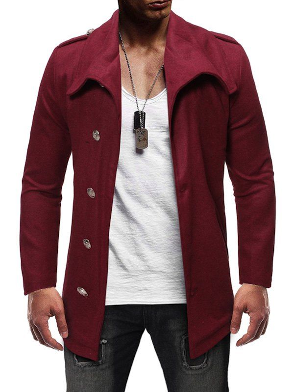 Single Breasted Zipper Detail Wool Blend Coat - RED WINE 1XL