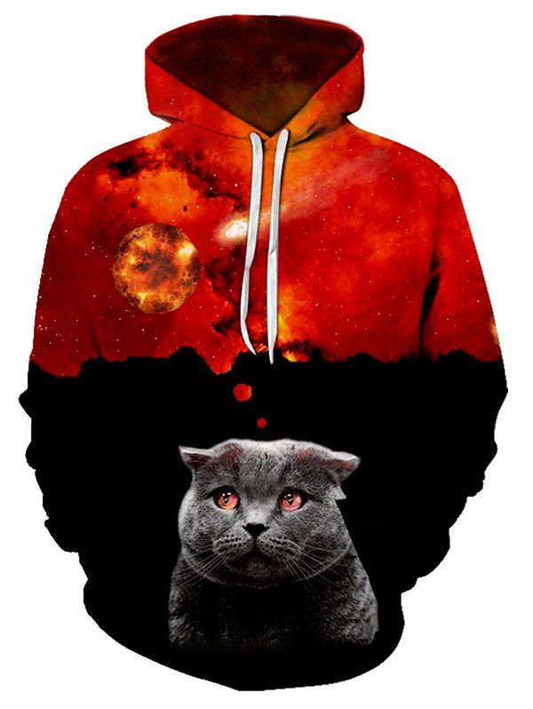 Volcano Cat Pattern Casual Front Pocket Hoodie - multicolor S