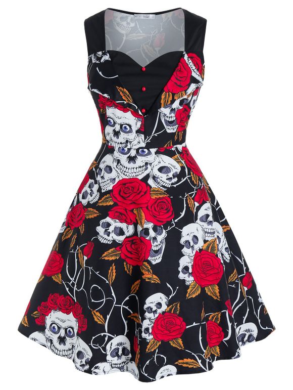 Plus Size Halloween Skull Flower Fit and Flare Retro Dress - BLACK L