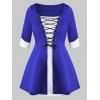 Lace Up Cuffed Sleeve Contrast Plus Size Top - BLUE 5X