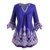 Blouse à Imprimé Cachemire Manches Évasées à Col V Grande Taille - Bleu L