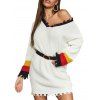 Frayed Trim Color Blocking Tunic Sweater Dress - WHITE S